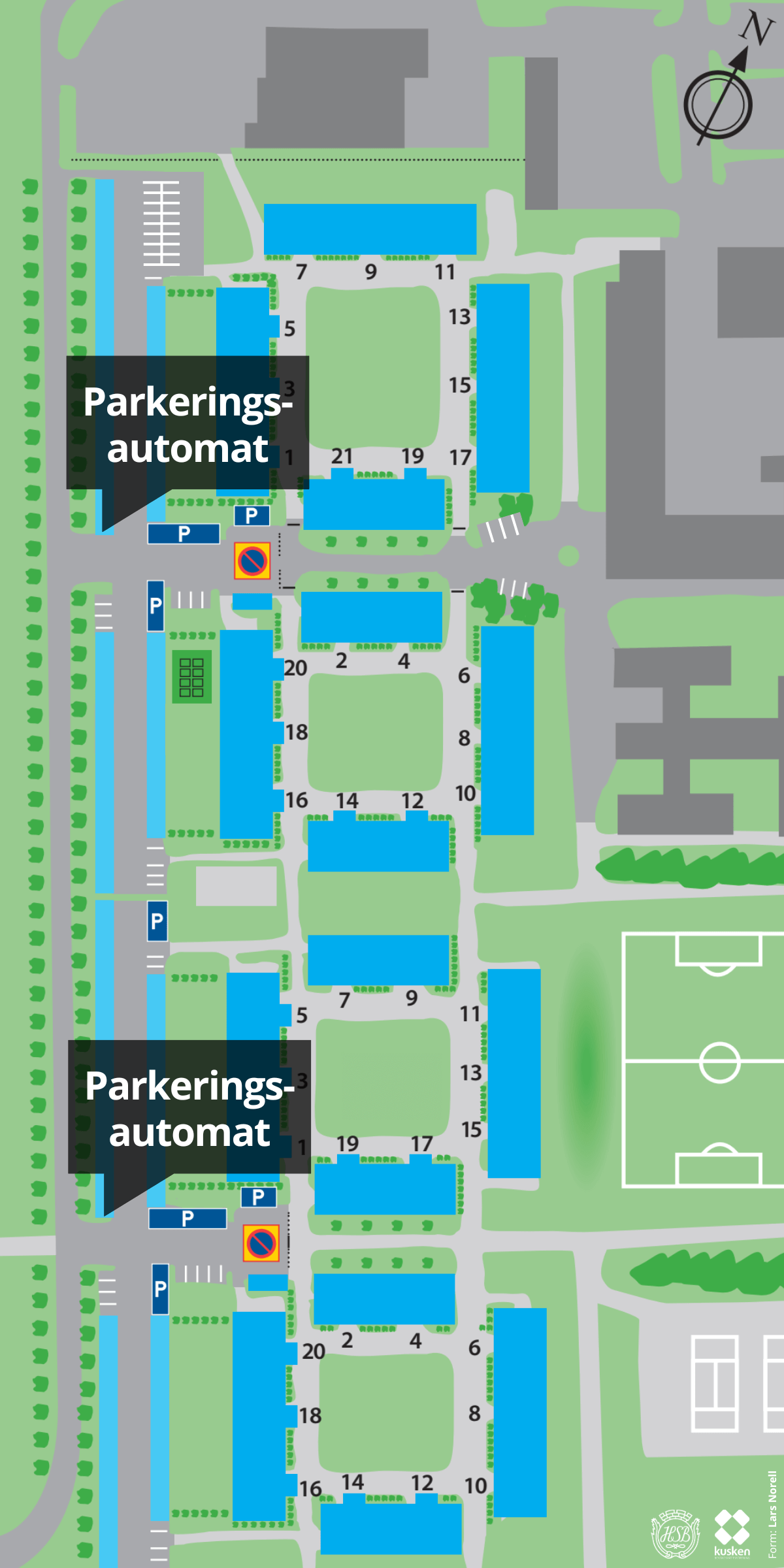 Karta över gästparkeringar & parkeringsautomater i Brf Kusken, Östersund