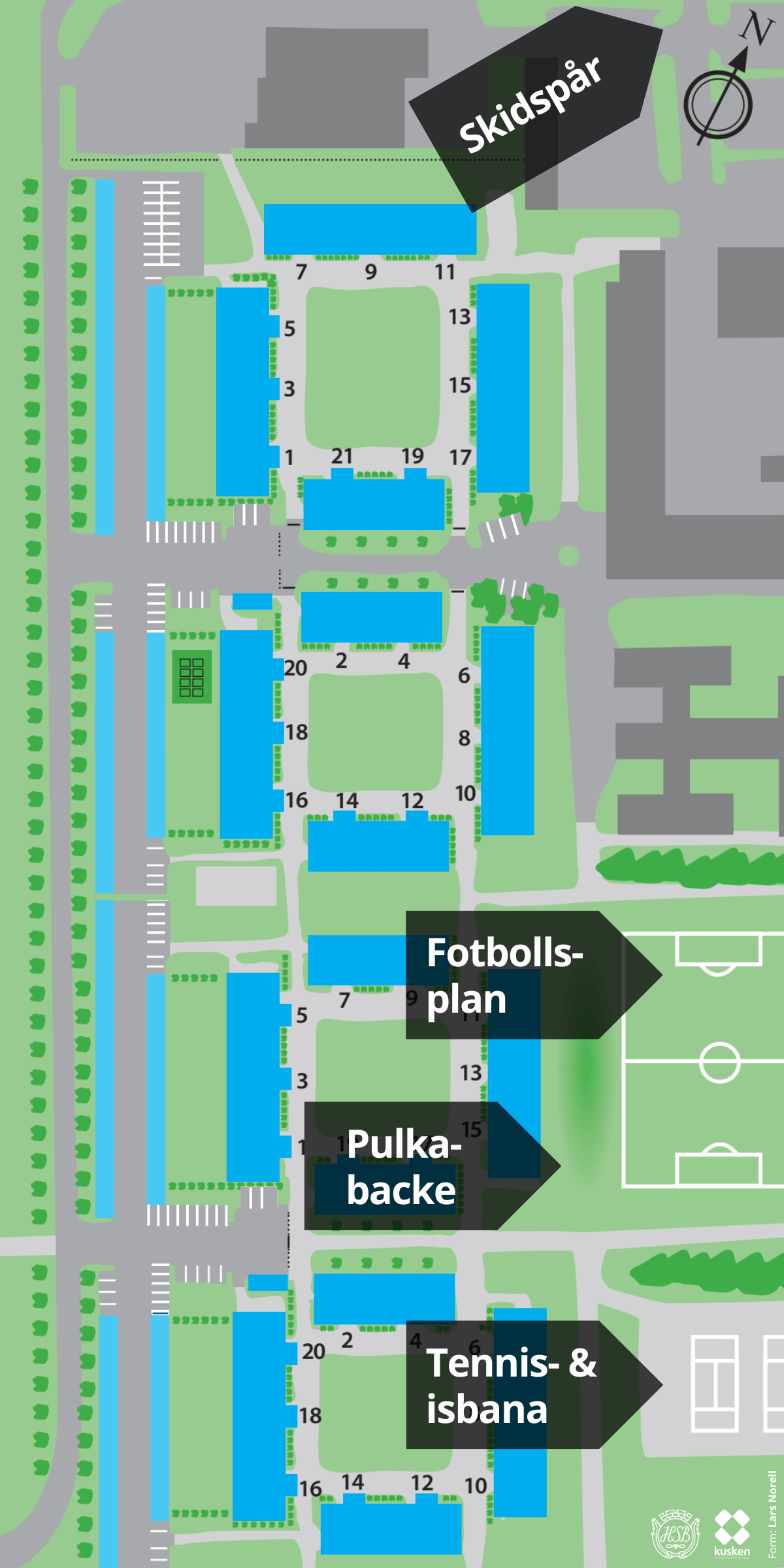 Karta över vart sportaktiviteter omkring Brf Kusken, Östersund, ligger