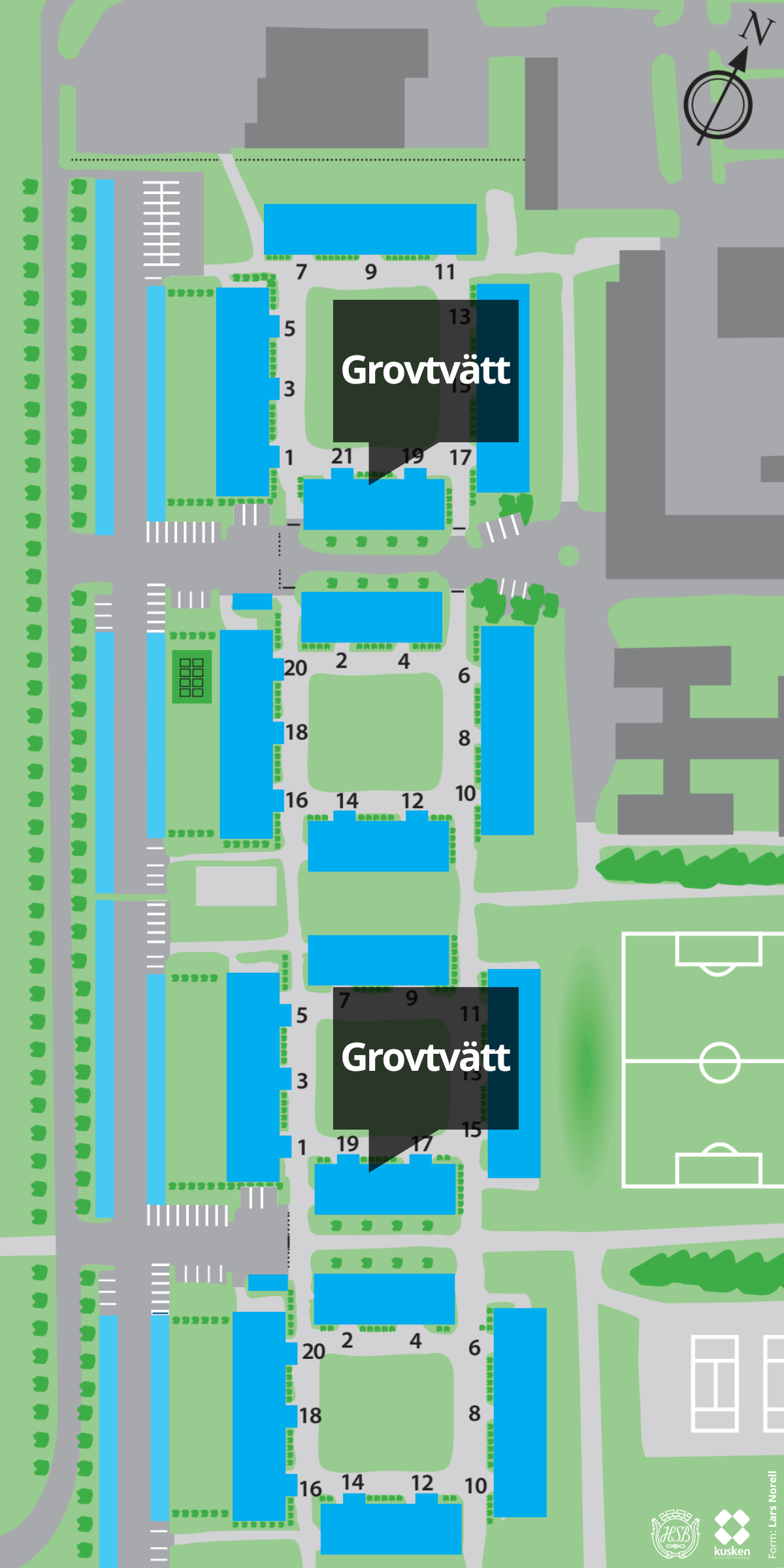 Karta över grovtvättstugor i Brf Kusken, Östersund