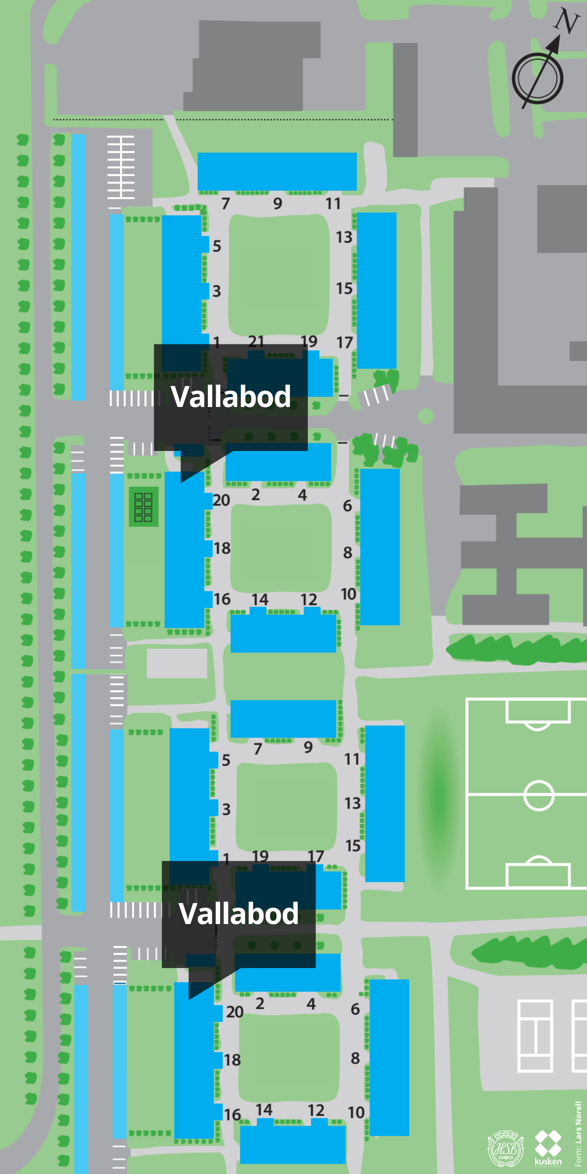Karta över vallabodarna i Brf Kusken, Östersund, ligger